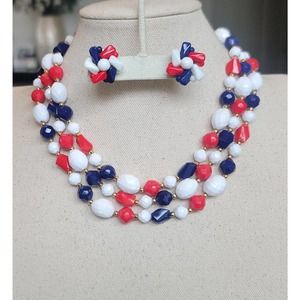 Vintage Patriotic Set Necklace and Earrings Marked Hong Kong